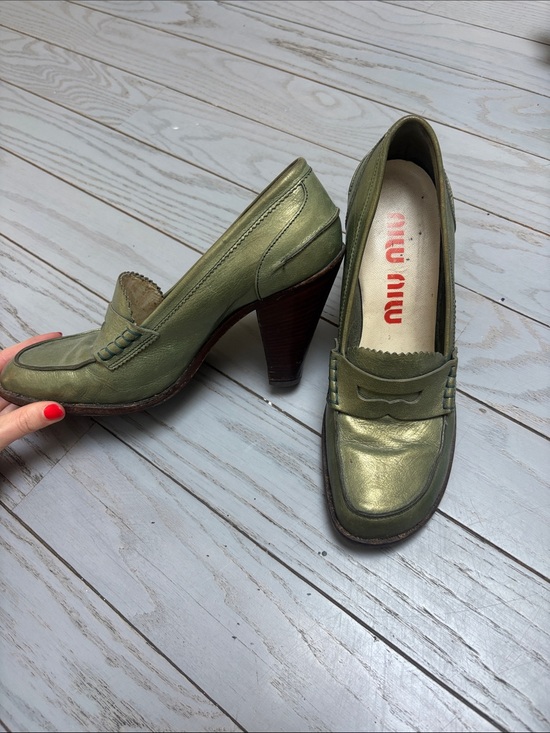 Miu Miu Metallic Olive Green Leather Heeled Loafers